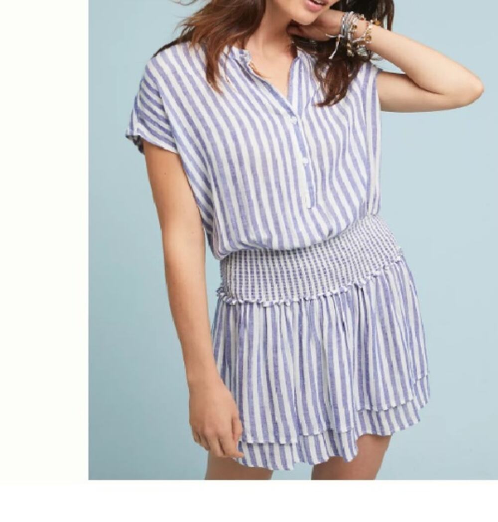 Rails Angelina Stripe Mini Smocked Sz L Dress Blue White Coastal Summer Gauzy